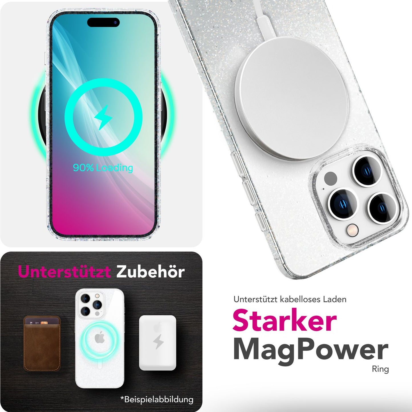 NALIA Starlite für iPhone 16 Pro Max Hülle [für MagSafe], Glitzer Cover mit Magnetring, Transparent & Funkelnd, Kratzfeste Harte Rückseite, Robuster TPU-Rahmen, Klare Glitzerhülle