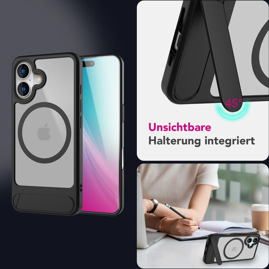 NALIA Triton für iPhone 16 Hülle [für MagSafe], Transparent Matt mit Stoßschutz, Kickstand zum Aufstellen, Integrierter Magnetring, Kamera Schutzrand, Rutschfest - Titan Schwarz