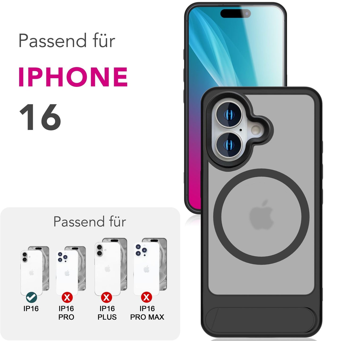 Husă NALIA Triton - Inel magnetic MagSafe, Capacitate 15W, Suport, Transparent Mat, Potrivire perfectă pentru iPhone 16