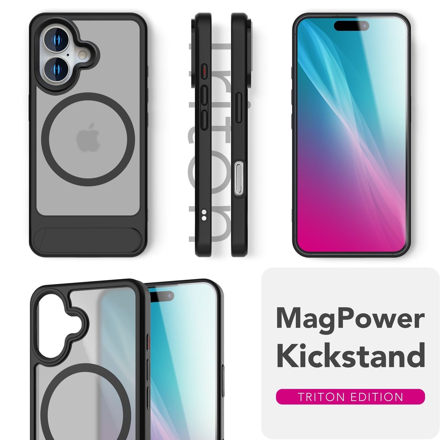 Husă NALIA Triton - Inel magnetic MagSafe, Capacitate 15W, Suport, Transparent Mat, Potrivire perfectă pentru iPhone 16