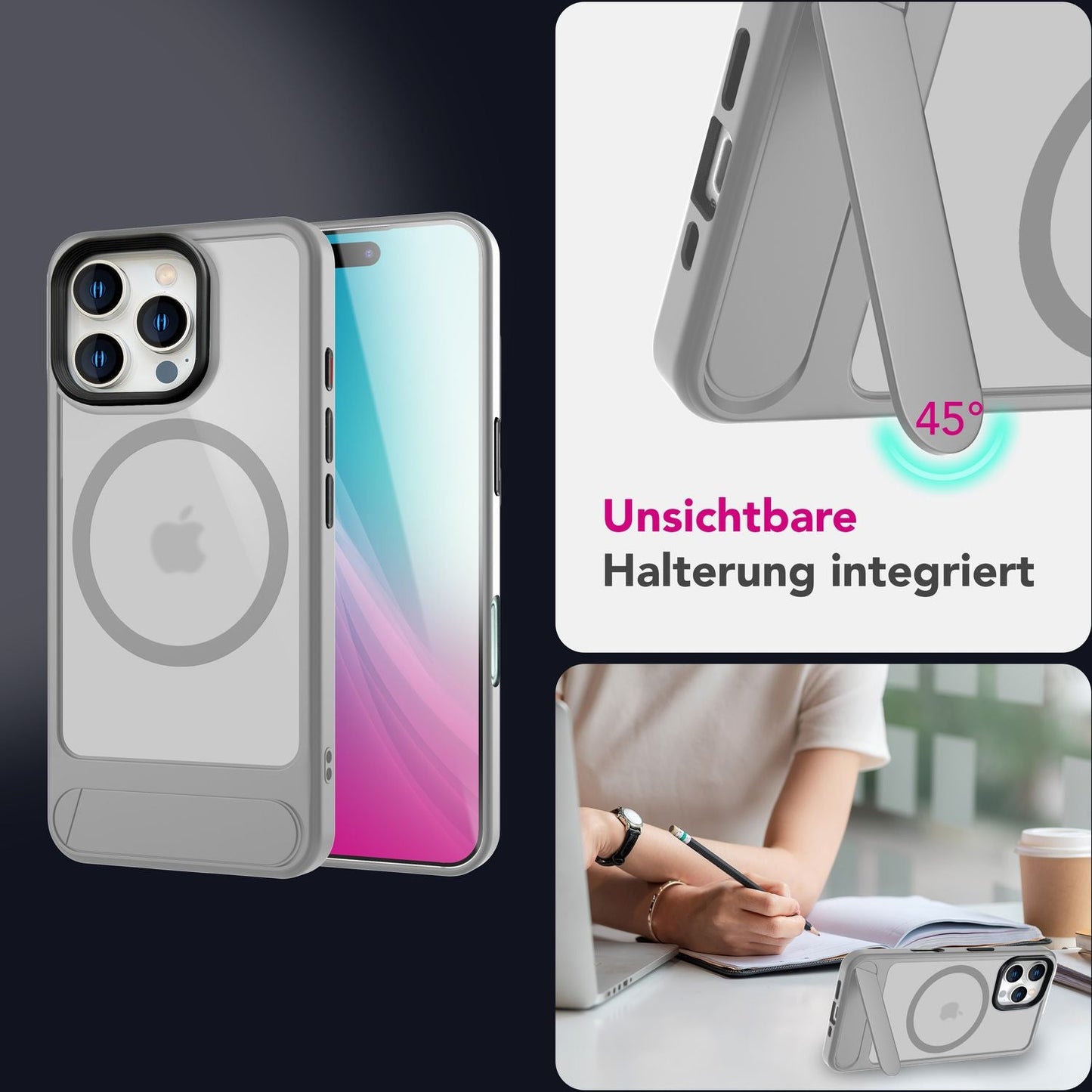 NALIA Triton für iPhone 16 Pro Max Hülle [für MagSafe], Matt Transparent, Standfuß zum Aufstellen, Magnetring integriert, Rutschfest, Stoßschutz & erhöhter Kamerarand