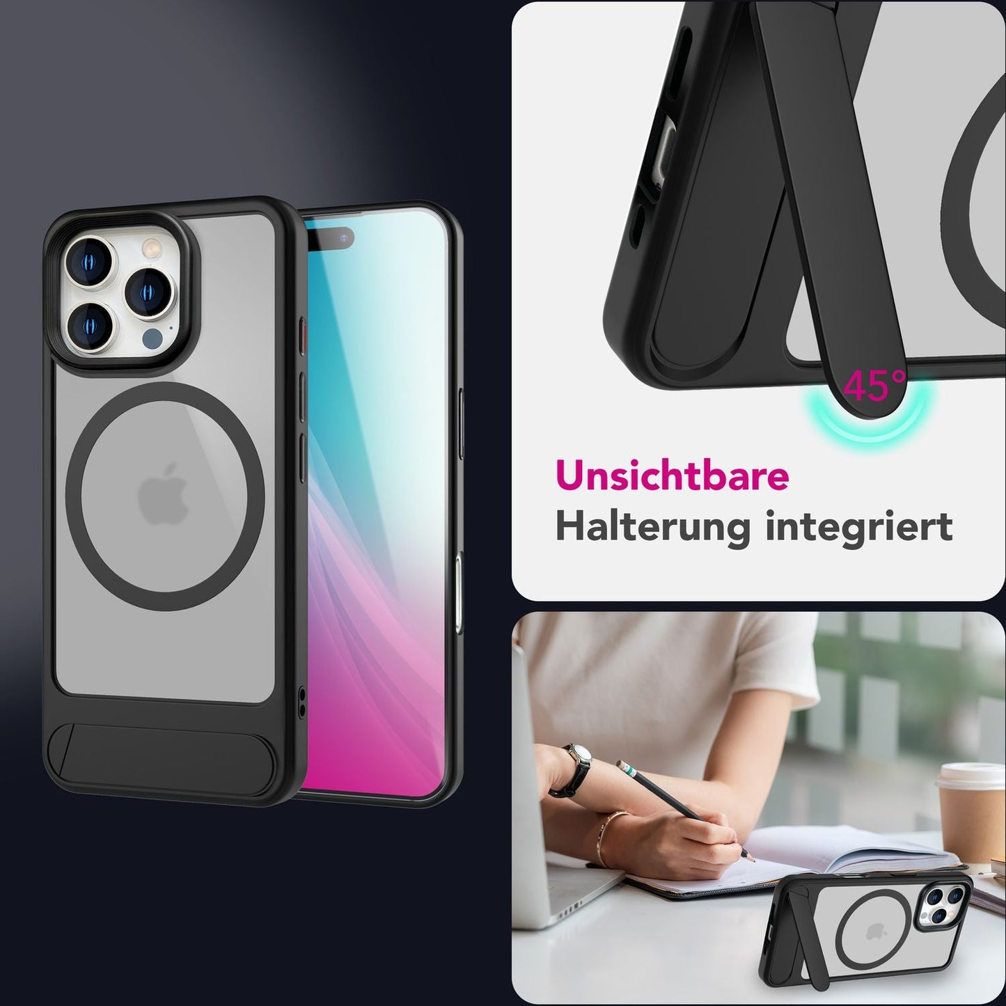 NALIA Triton für iPhone 16 Pro Max Hülle [für MagSafe], Matt Transparent, Standfuß zum Aufstellen, Magnetring integriert, Rutschfest, Stoßschutz & erhöhter Kamerarand