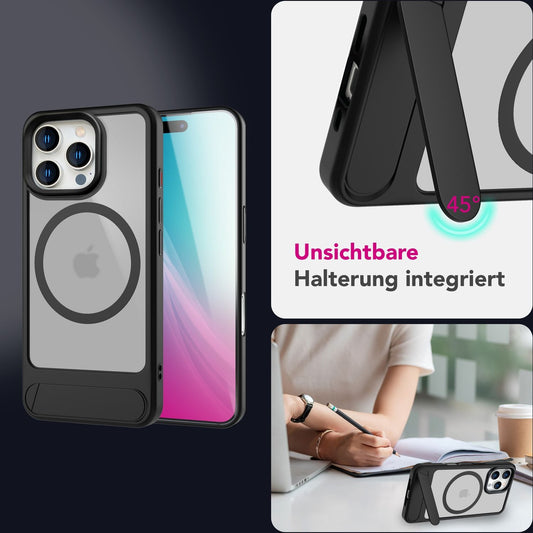 NALIA Triton für iPhone 16 Pro Max Hülle [für MagSafe], Matt Transparent, Standfuß zum Aufstellen, Magnetring integriert, Rutschfest, Stoßschutz & erhöhter Kamerarand