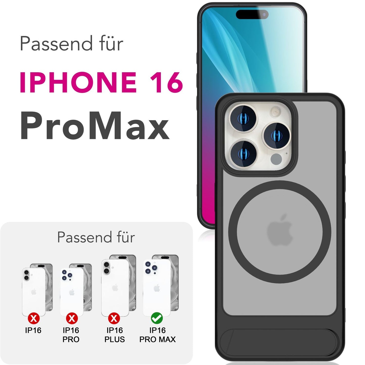 NALIA Triton für iPhone 16 Pro Max Hülle [für MagSafe], Matt Transparent, Standfuß zum Aufstellen, Magnetring integriert, Rutschfest, Stoßschutz & erhöhter Kamerarand