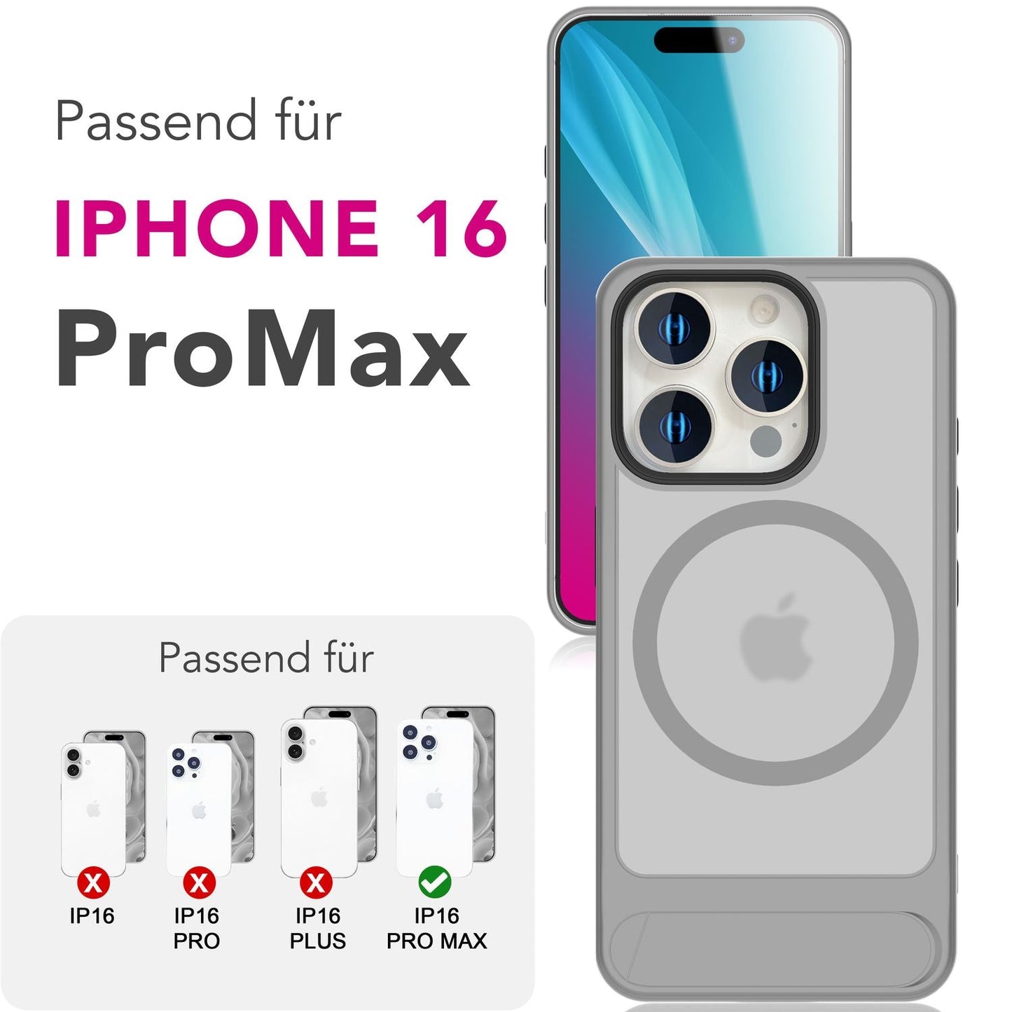 NALIA Triton für iPhone 16 Pro Max Hülle [für MagSafe], Matt Transparent, Standfuß zum Aufstellen, Magnetring integriert, Rutschfest, Stoßschutz & erhöhter Kamerarand