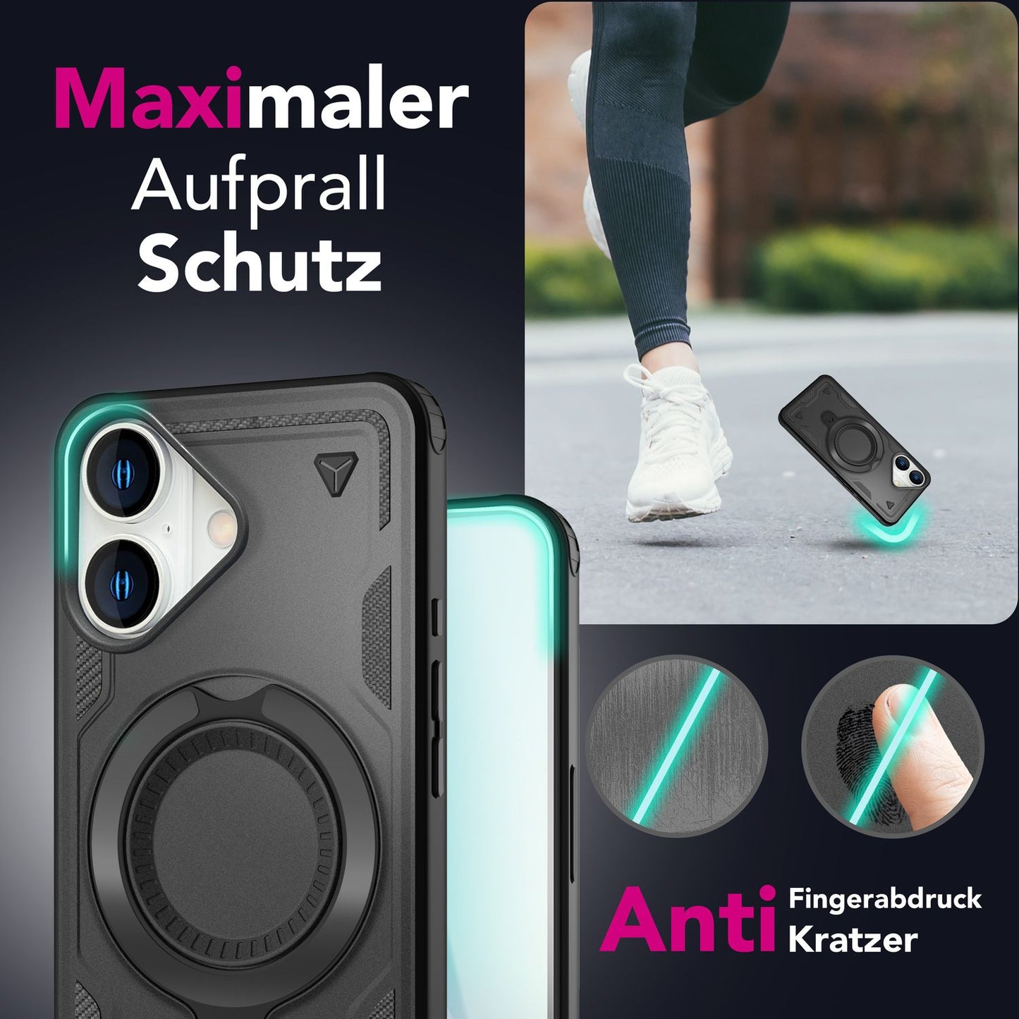 NALIA Stormguard für iPhone 16 Hülle [für MagSafe], Robustes Armor Case, Ringhalter mit 360° Drehfunktion, Stoßfest & Bruchsicher, Starker MagPower-Magnet, Panzer - Titan Schwarz