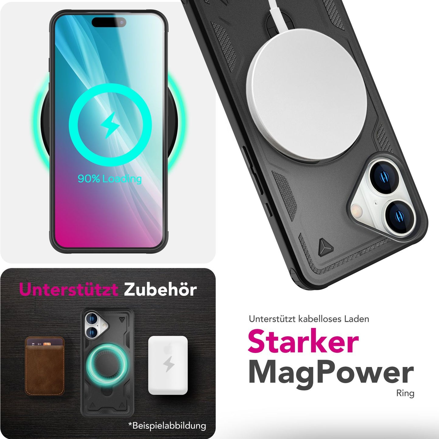 NALIA Stormguard für iPhone 16 Hülle [für MagSafe], Robustes Armor Case, Ringhalter mit 360° Drehfunktion, Stoßfest & Bruchsicher, Starker MagPower-Magnet, Panzer - Titan Schwarz