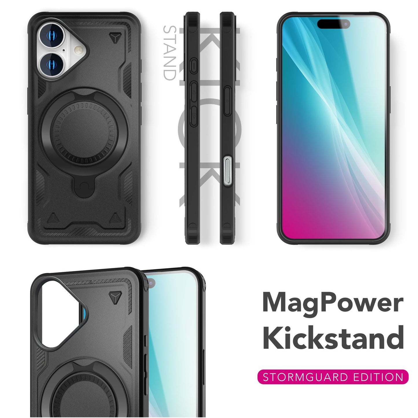 NALIA Stormguard für iPhone 16 Hülle [für MagSafe], Robustes Armor Case, Ringhalter mit 360° Drehfunktion, Stoßfest & Bruchsicher, Starker MagPower-Magnet, Panzer - Titan Schwarz