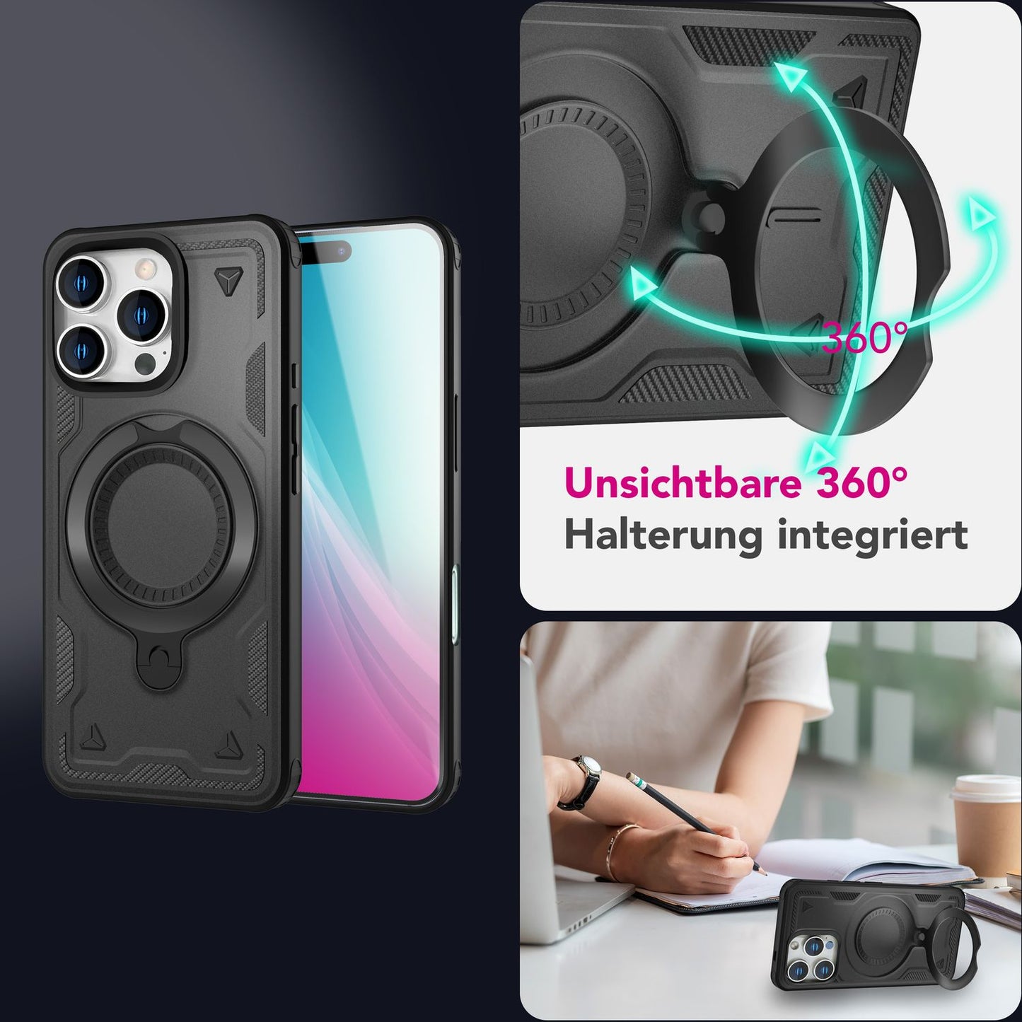 NALIA Stormguard für iPhone 16 Pro Hülle [für MagSafe], Schlagfeste Panzerhülle, 360° Ringhalter, Robust & Bruchsicher, Starker MagPower Magnet, Standfunktion