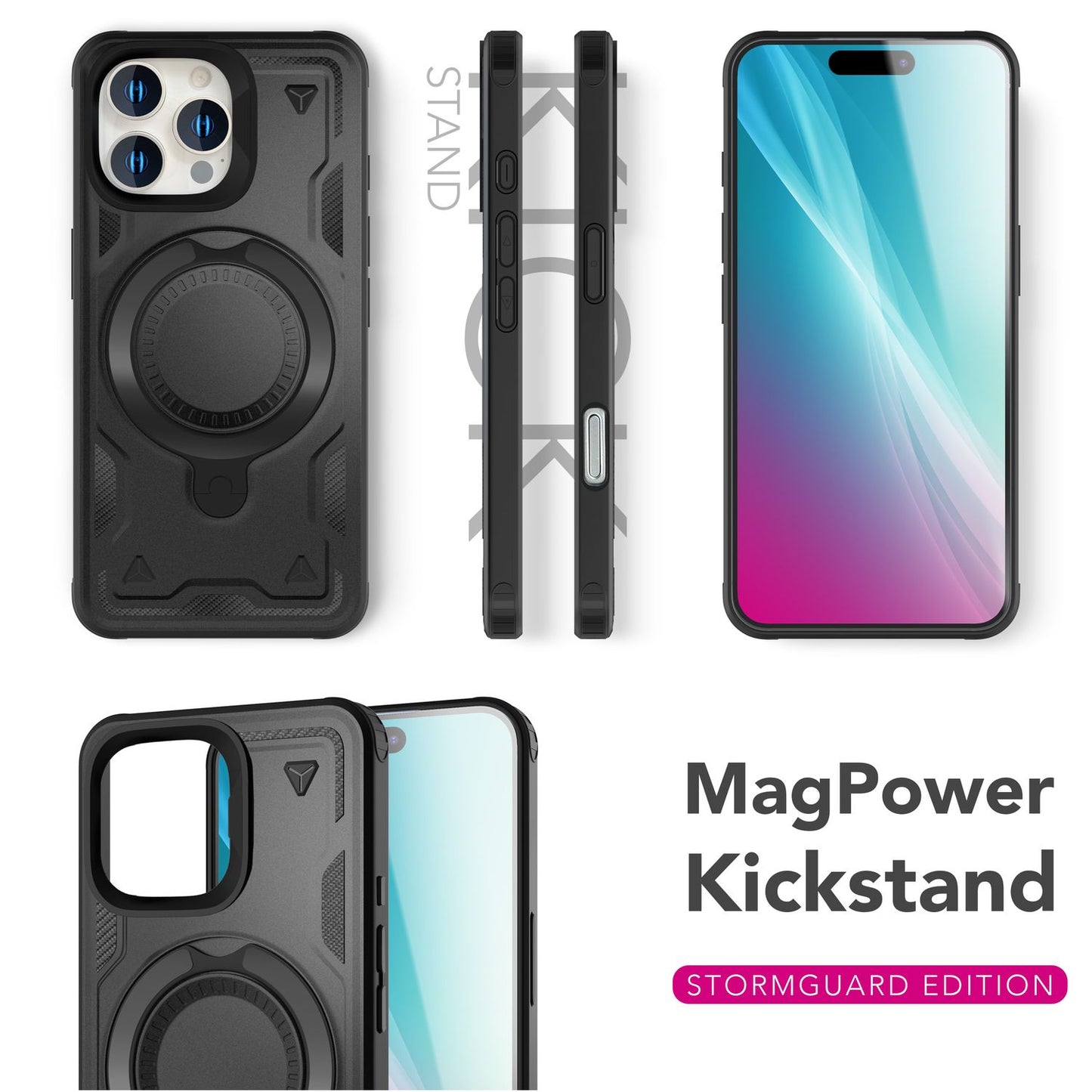 NALIA Stormguard für iPhone 16 Pro Hülle [für MagSafe], Schlagfeste Panzerhülle, 360° Ringhalter, Robust & Bruchsicher, Starker MagPower Magnet, Standfunktion
