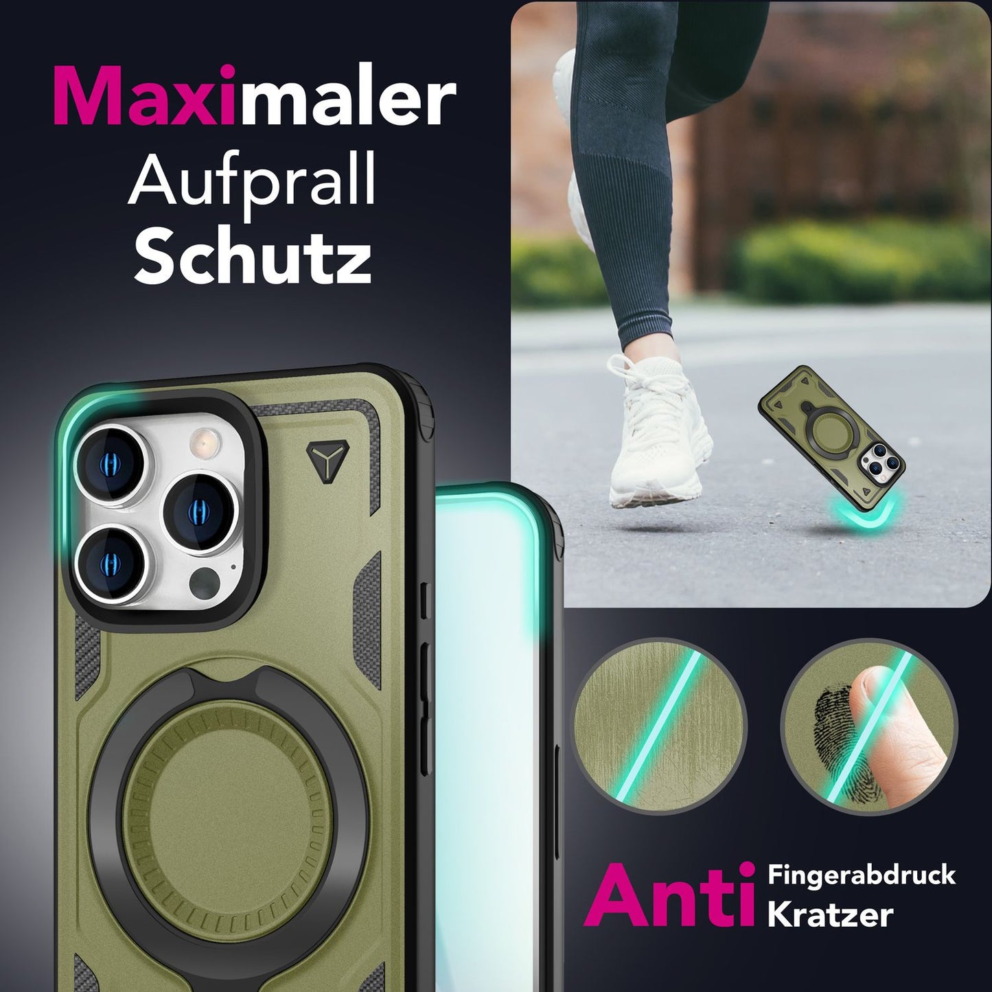 NALIA Stormguard für iPhone 16 Pro Hülle [für MagSafe], Schlagfeste Panzerhülle, 360° Ringhalter, Robust & Bruchsicher, Starker MagPower Magnet, Standfunktion