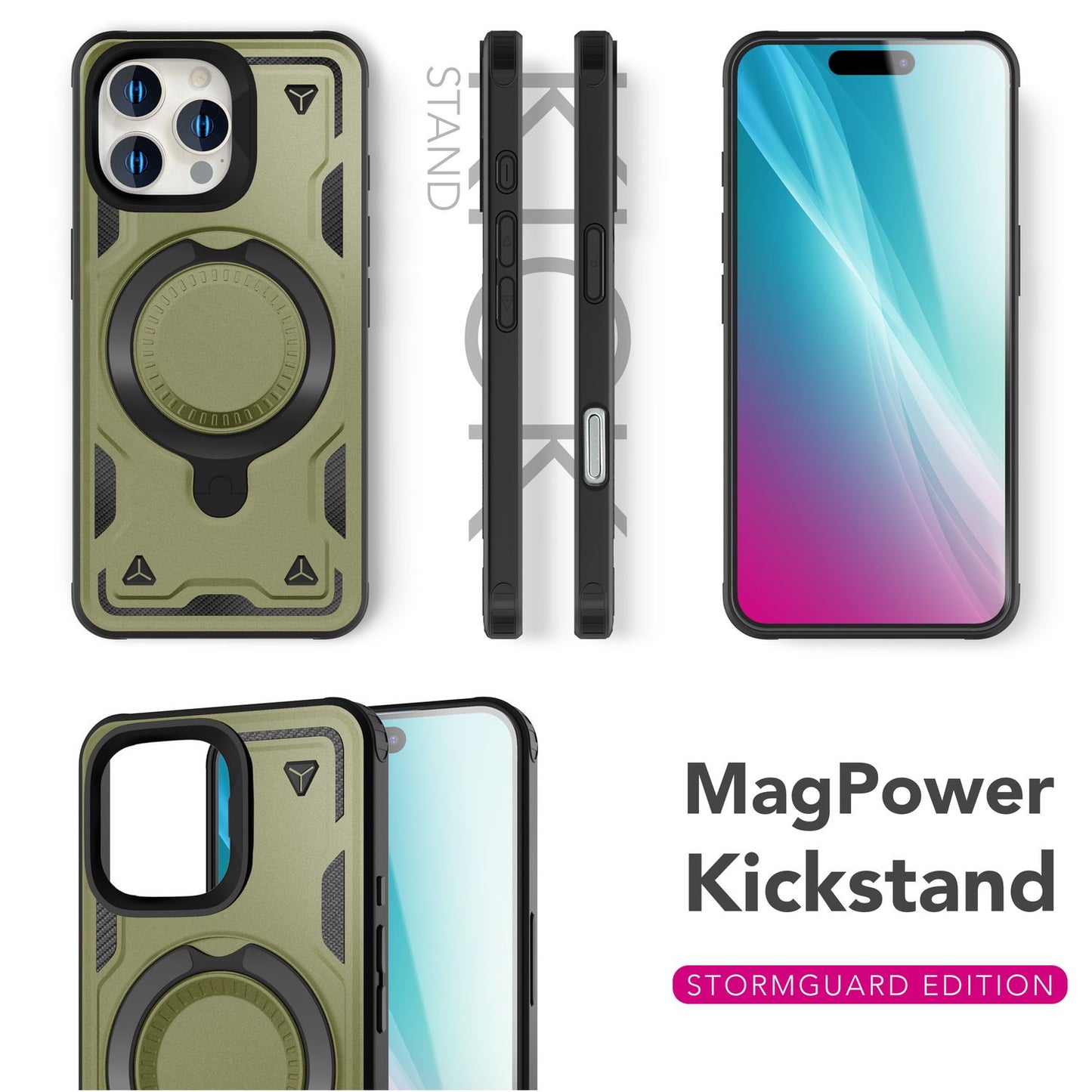 NALIA Stormguard für iPhone 16 Pro Hülle [für MagSafe], Schlagfeste Panzerhülle, 360° Ringhalter, Robust & Bruchsicher, Starker MagPower Magnet, Standfunktion