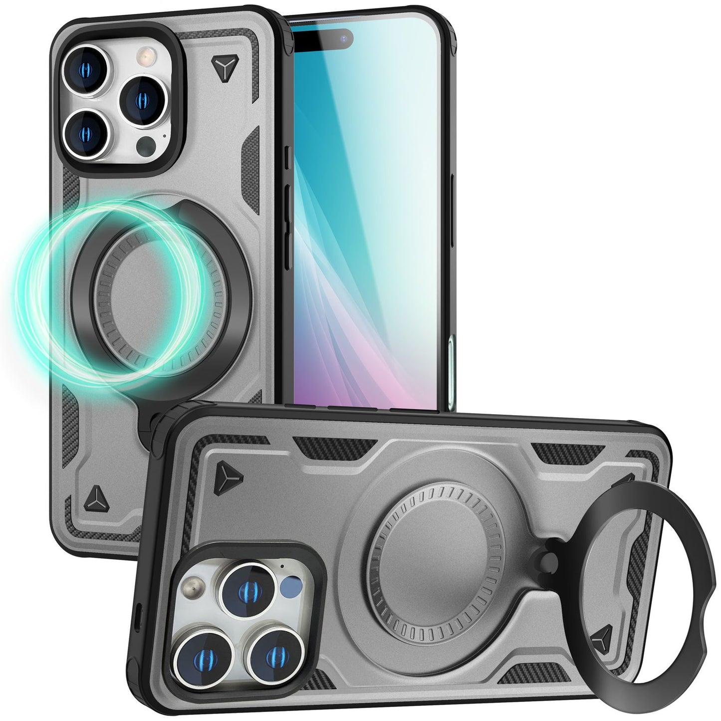 NALIA Stormguard für iPhone 16 Pro Hülle [für MagSafe], Schlagfeste Panzerhülle, 360° Ringhalter, Robust & Bruchsicher, Starker MagPower Magnet, Standfunktion