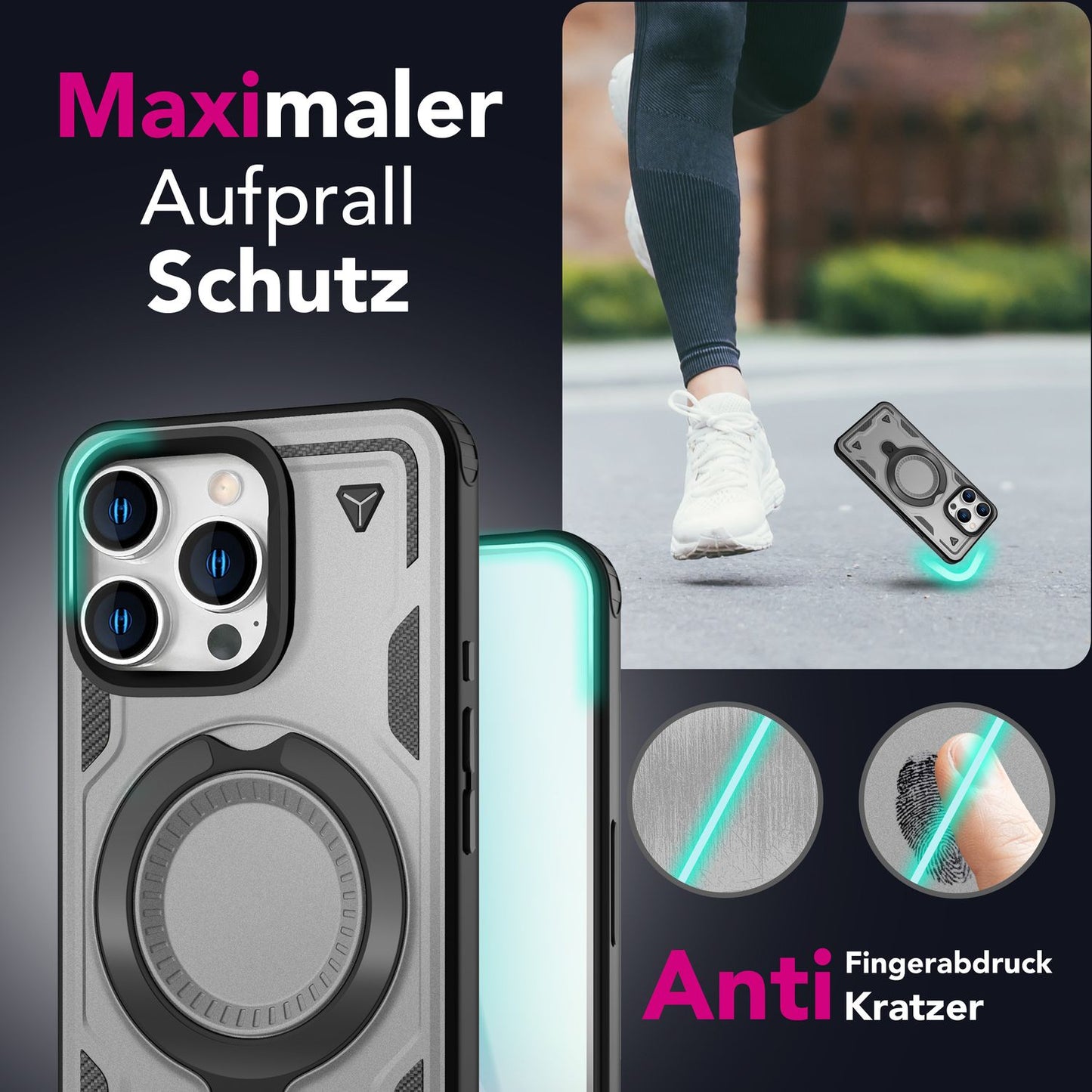 NALIA Stormguard für iPhone 16 Pro Hülle [für MagSafe], Schlagfeste Panzerhülle, 360° Ringhalter, Robust & Bruchsicher, Starker MagPower Magnet, Standfunktion
