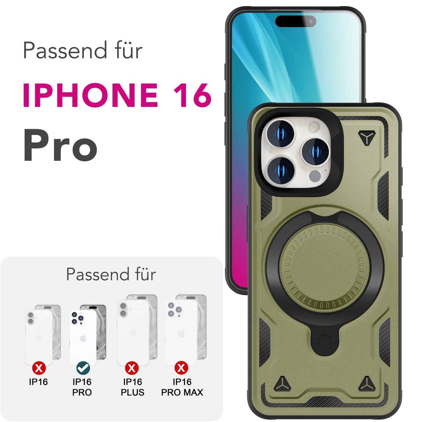 NALIA Stormguard für iPhone 16 Pro Hülle [für MagSafe], Schlagfeste Panzerhülle, 360° Ringhalter, Robust & Bruchsicher, Starker MagPower Magnet, Standfunktion