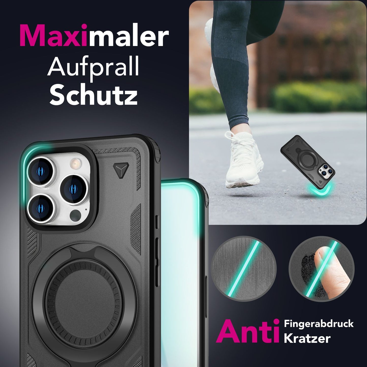 Etui NALIA Stormguard Shockproof MagSafe – kompatybilne z iPhone'em 16 Pro Max, uchwyt pierścieniowy 360 stopni, magnes MagPower 18 N