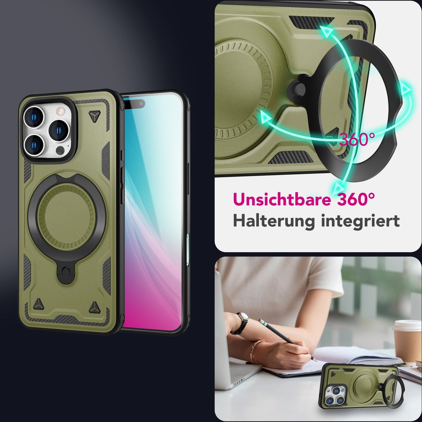 Etui NALIA Stormguard Shockproof MagSafe – kompatybilne z iPhone'em 16 Pro Max, uchwyt pierścieniowy 360 stopni, magnes MagPower 18 N