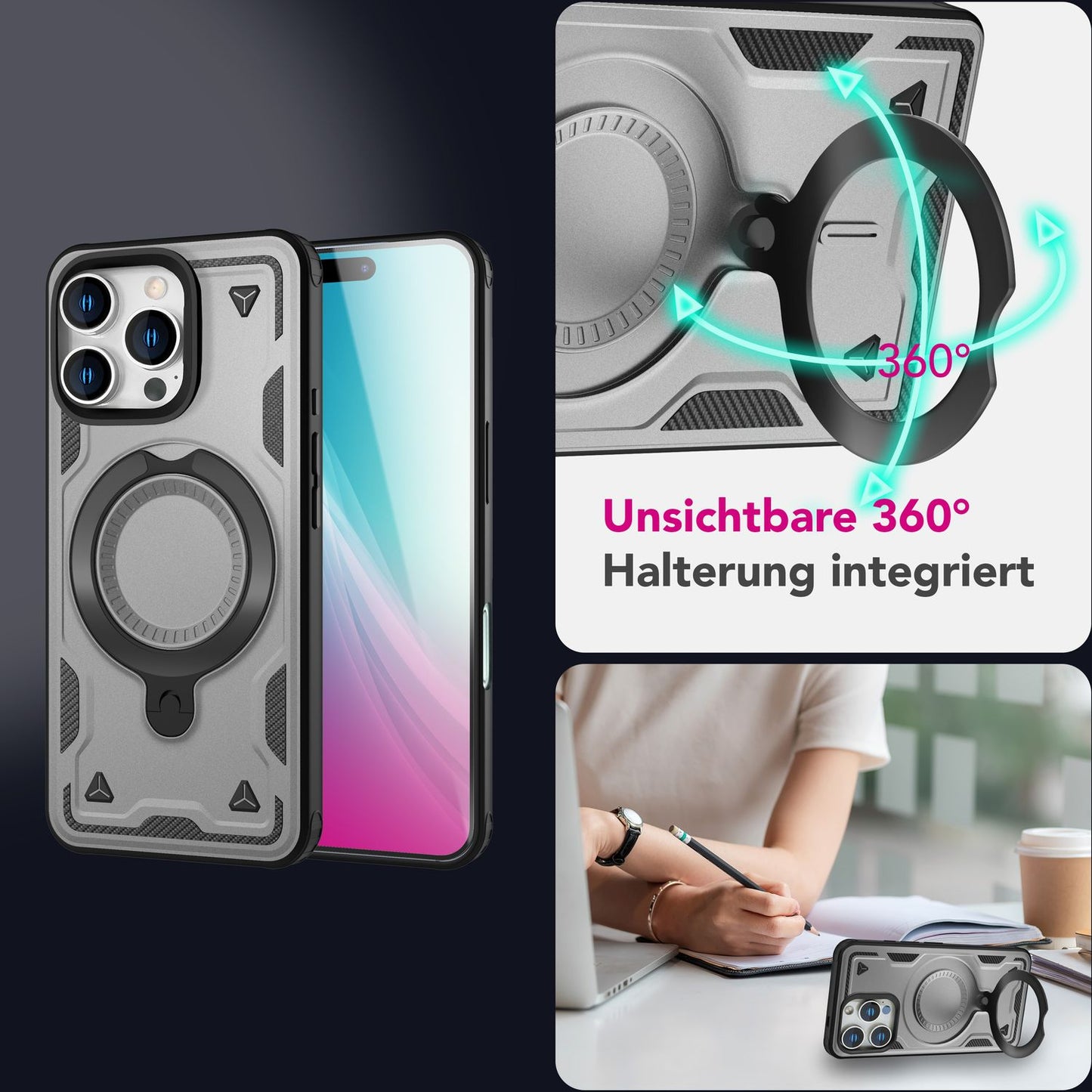 Etui NALIA Stormguard Shockproof MagSafe – kompatybilne z iPhone'em 16 Pro Max, uchwyt pierścieniowy 360 stopni, magnes MagPower 18 N