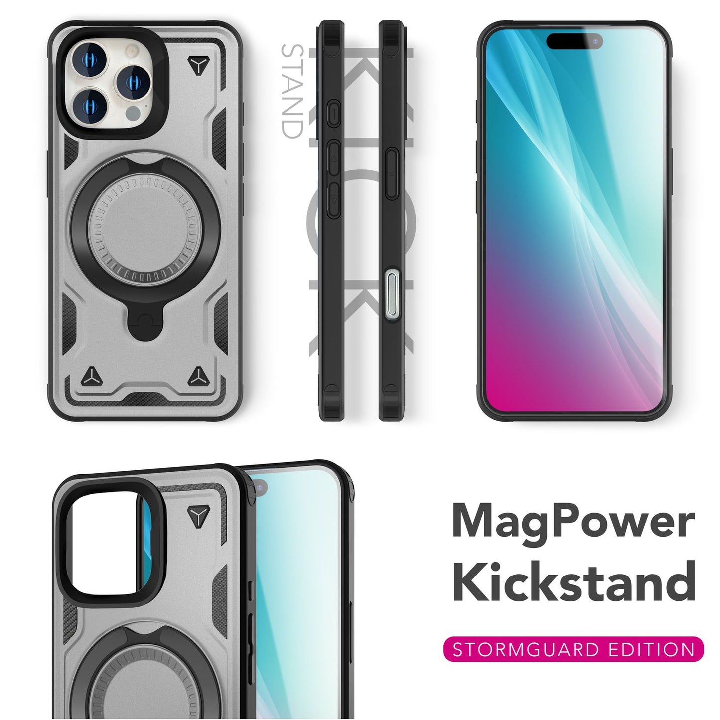 Etui NALIA Stormguard Shockproof MagSafe – kompatybilne z iPhone'em 16 Pro Max, uchwyt pierścieniowy 360 stopni, magnes MagPower 18 N
