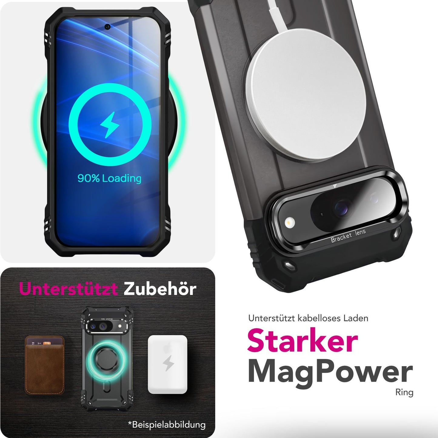 NALIA Granite Hülle für Google Pixel 9 – Handyhülle für MagSafe, Stoßfestes Panzer Hardcase mit Dual-Layer Schutz, Integrierter Metall-Kickstand, Military Cover