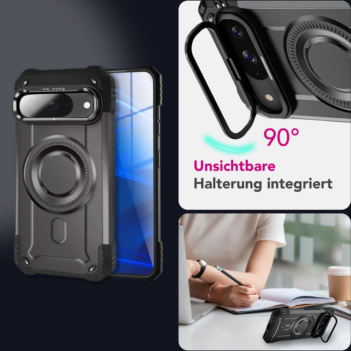 NALIA Granite Hülle für Google Pixel 9 – Handyhülle für MagSafe, Stoßfestes Panzer Hardcase mit Dual-Layer Schutz, Integrierter Metall-Kickstand, Military Cover