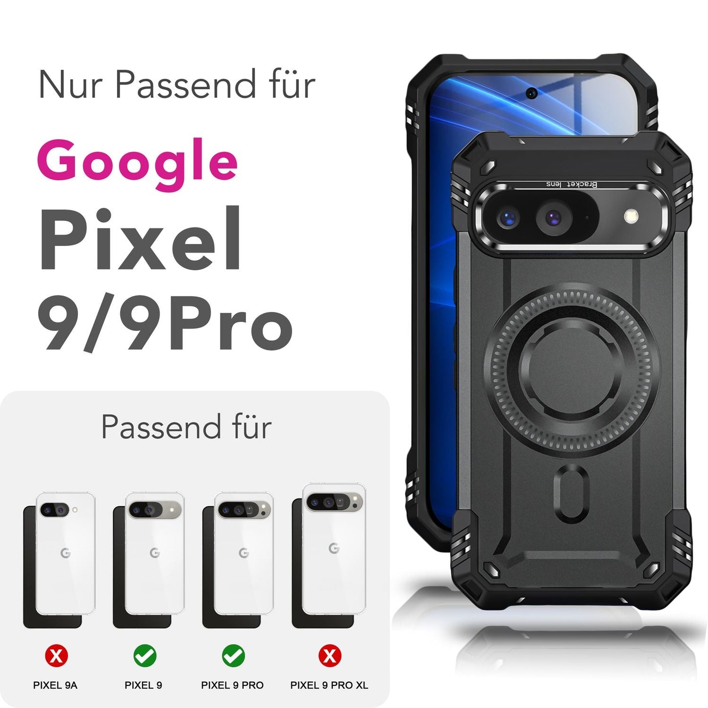 NALIA Granite Hülle für Google Pixel 9 – Handyhülle für MagSafe, Stoßfestes Panzer Hardcase mit Dual-Layer Schutz, Integrierter Metall-Kickstand, Military Cover