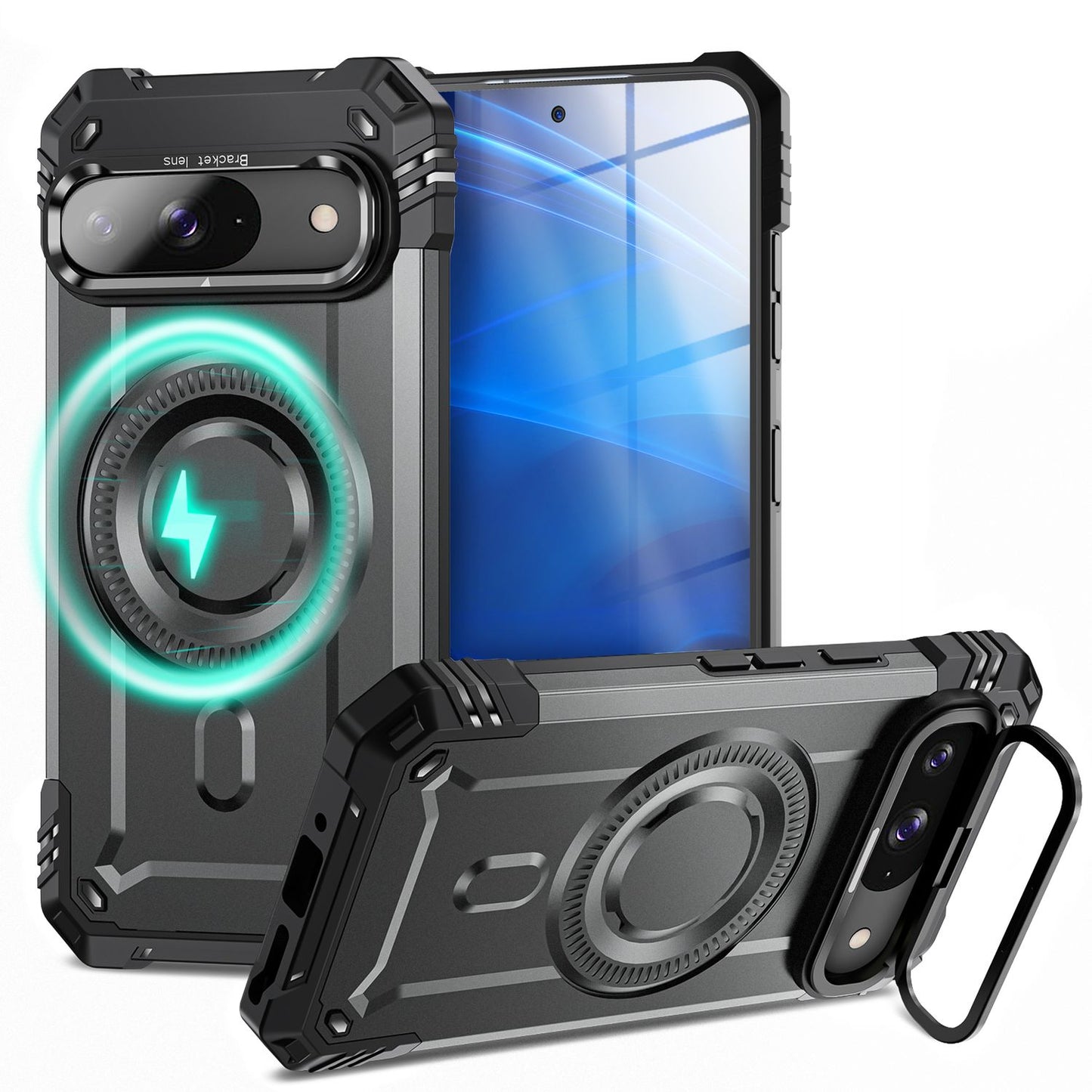 NALIA Granite Hülle für Google Pixel 9 – Handyhülle für MagSafe, Stoßfestes Panzer Hardcase mit Dual-Layer Schutz, Integrierter Metall-Kickstand, Military Cover