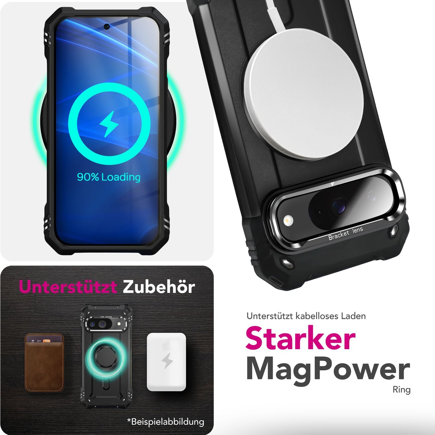 NALIA Granite Hülle für Google Pixel 9 – Handyhülle für MagSafe, Stoßfestes Panzer Hardcase mit Dual-Layer Schutz, Integrierter Metall-Kickstand, Military Cover