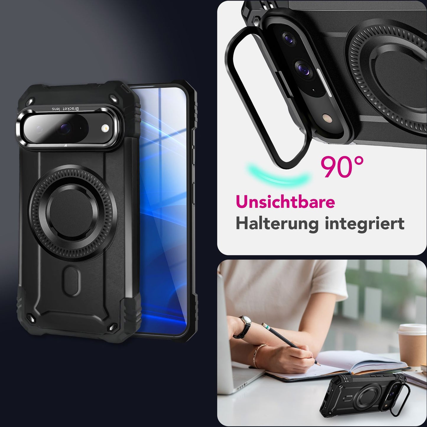 NALIA Granite Hülle für Google Pixel 9 – Handyhülle für MagSafe, Stoßfestes Panzer Hardcase mit Dual-Layer Schutz, Integrierter Metall-Kickstand, Military Cover