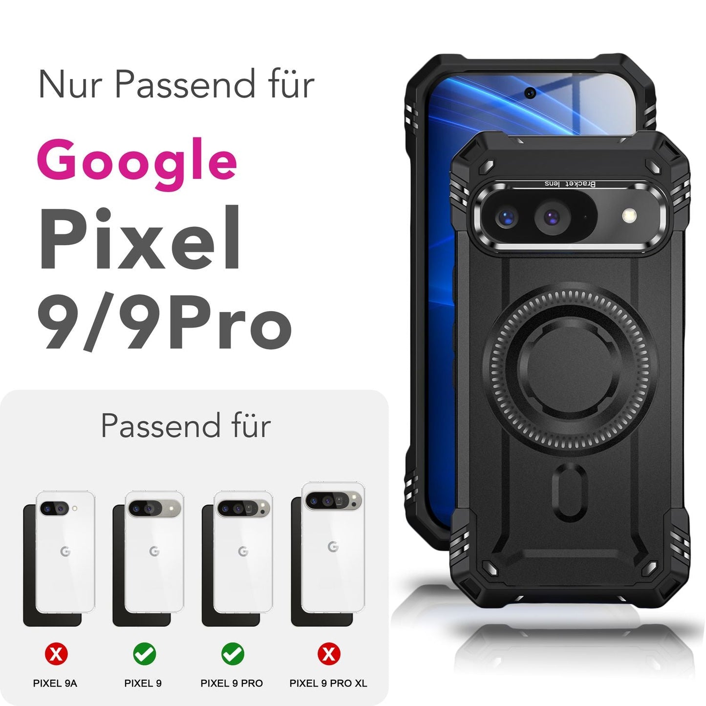 NALIA Granite Hülle für Google Pixel 9 – Handyhülle für MagSafe, Stoßfestes Panzer Hardcase mit Dual-Layer Schutz, Integrierter Metall-Kickstand, Military Cover