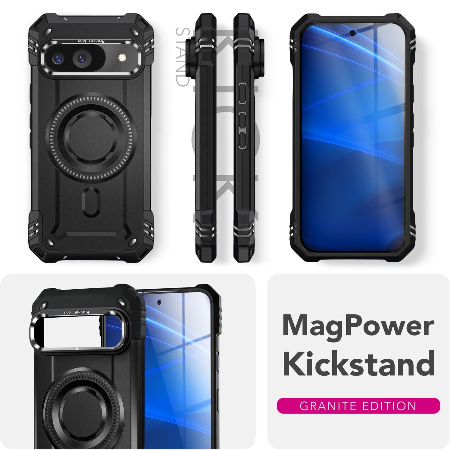 NALIA Granite Hülle für Google Pixel 9 – Handyhülle für MagSafe, Stoßfestes Panzer Hardcase mit Dual-Layer Schutz, Integrierter Metall-Kickstand, Military Cover