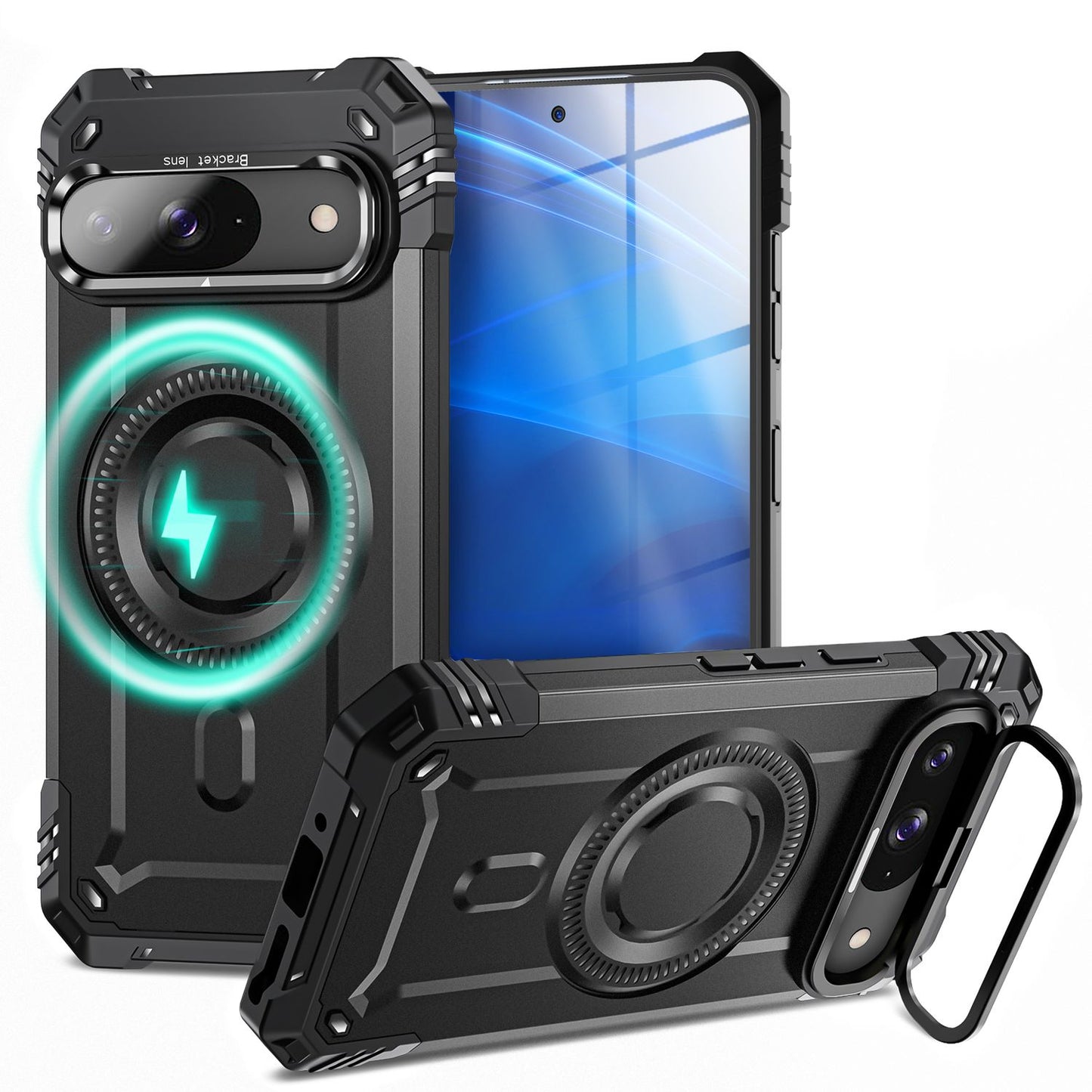 NALIA Granite Hülle für Google Pixel 9 – Handyhülle für MagSafe, Stoßfestes Panzer Hardcase mit Dual-Layer Schutz, Integrierter Metall-Kickstand, Military Cover