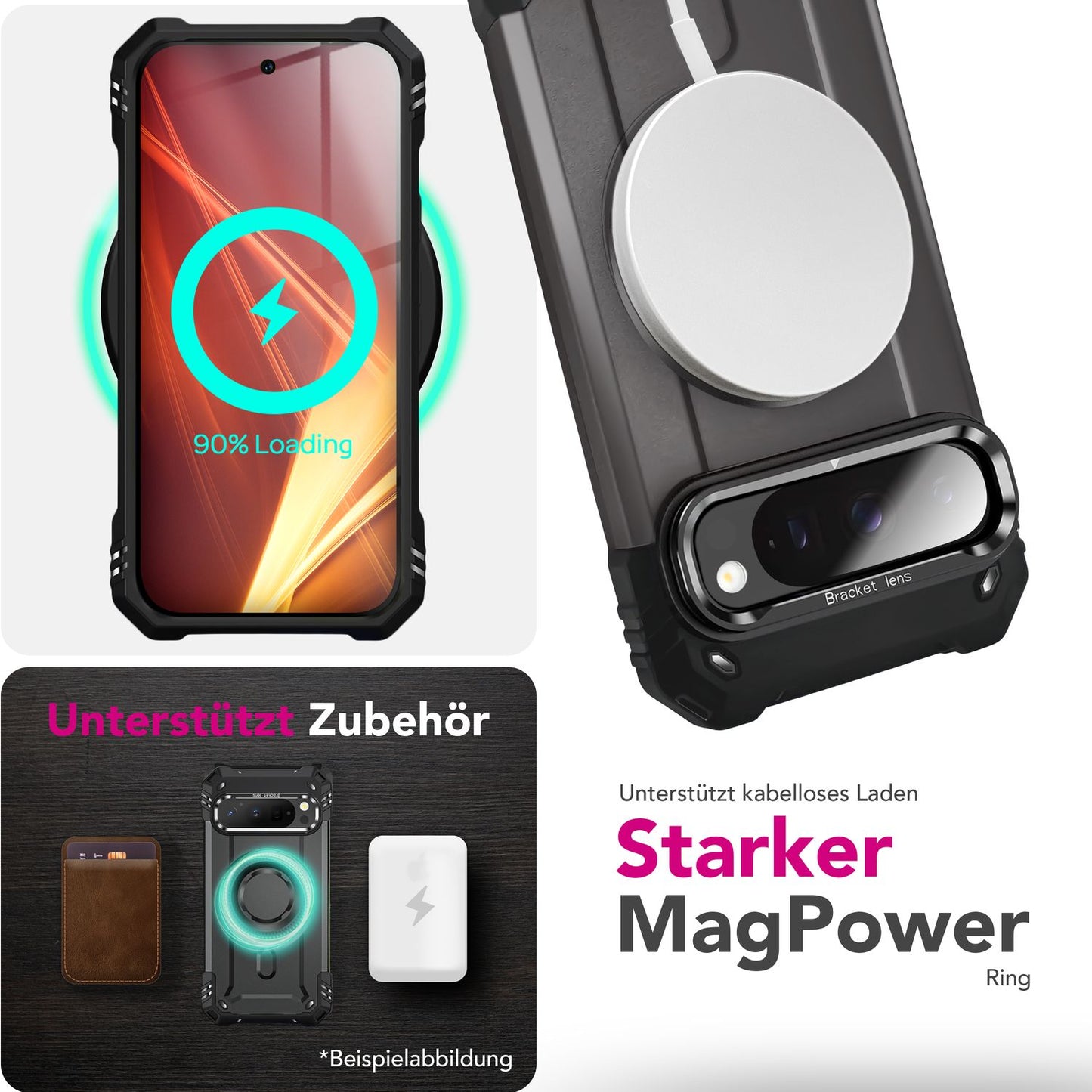 NALIA Granite Hülle für Google Pixel 9 Pro XL – Handyhülle für MagSafe, Military Armor Case mit Aufprallschutzrahmen & Kickstand, Stoßfestes Hardcover im Panzer-Stil