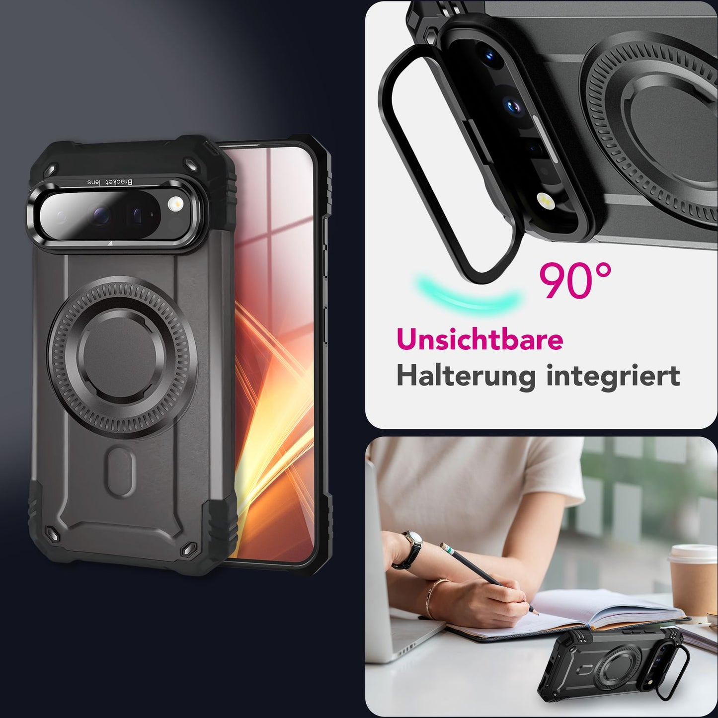 NALIA Granite Hülle für Google Pixel 9 Pro XL – Handyhülle für MagSafe, Military Armor Case mit Aufprallschutzrahmen & Kickstand, Stoßfestes Hardcover im Panzer-Stil