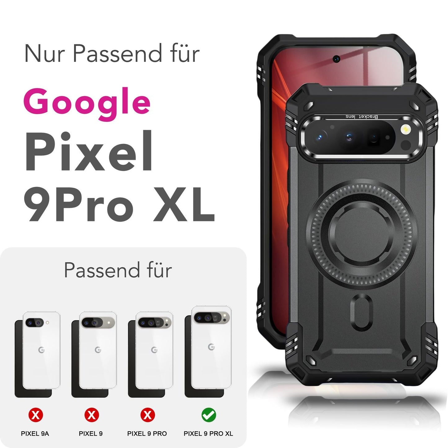 NALIA Granite Hülle für Google Pixel 9 Pro XL – Handyhülle für MagSafe, Military Armor Case mit Aufprallschutzrahmen & Kickstand, Stoßfestes Hardcover im Panzer-Stil