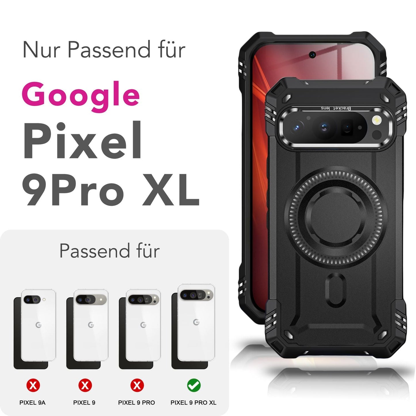NALIA Granite Hülle für Google Pixel 9 Pro XL – Handyhülle für MagSafe, Military Armor Case mit Aufprallschutzrahmen & Kickstand, Stoßfestes Hardcover im Panzer-Stil