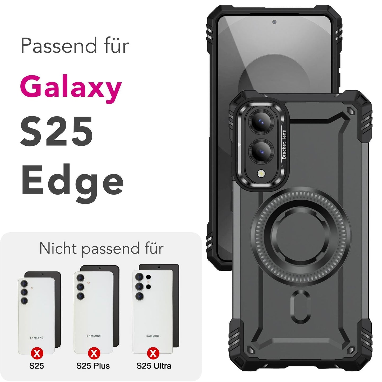 NALIA Granite Hülle für Samsung Galaxy S25 Edge – für MagSafe, Panzerhülle, Extrem Robust, Militär Schutzklasse, Kamera Standfuß, Integrierter Magnet-Ring, Schlagfest