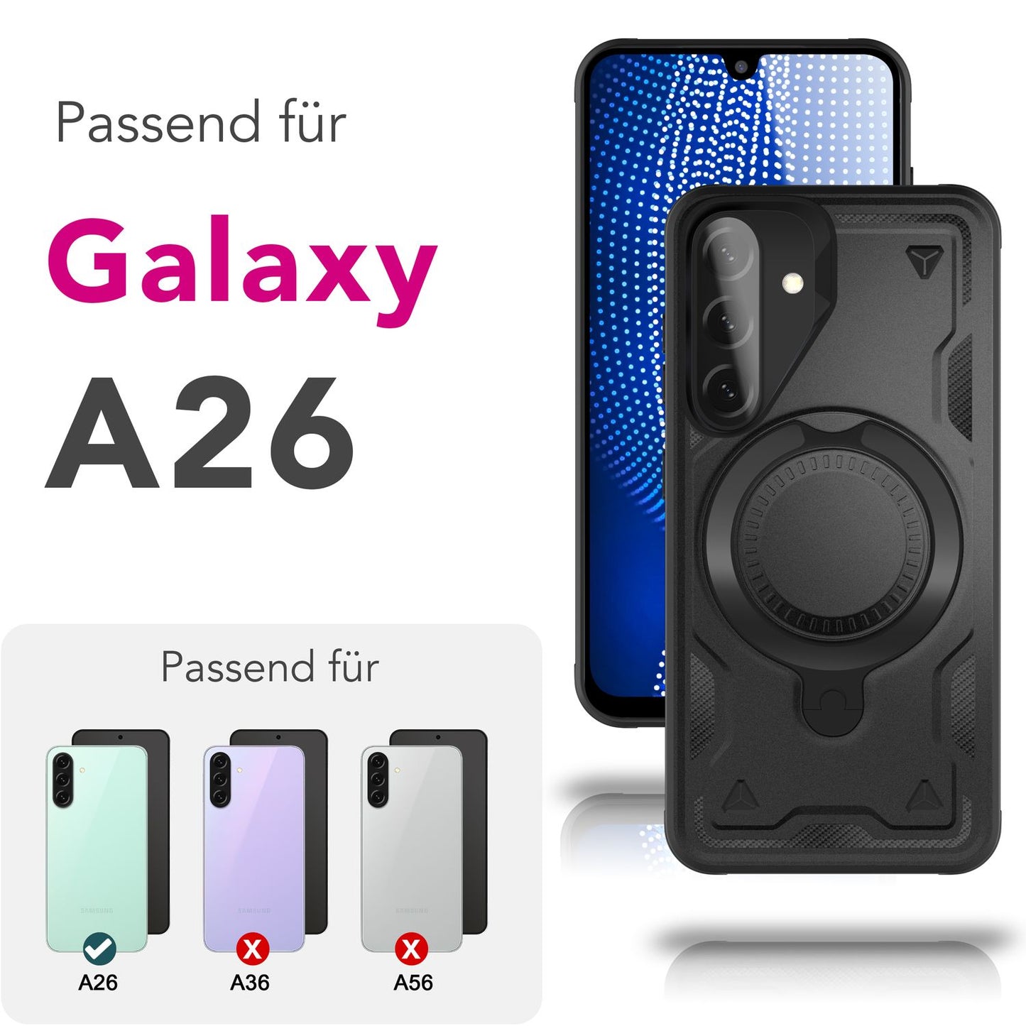 NALIA Stormguard Hülle für Samsung Galaxy A26 – für MagSafe, Stoßfeste Panzer Schutzhülle mit 360° Dreh Ring, Outdoor Kickstand Case mit Fallschutz, Military Cover