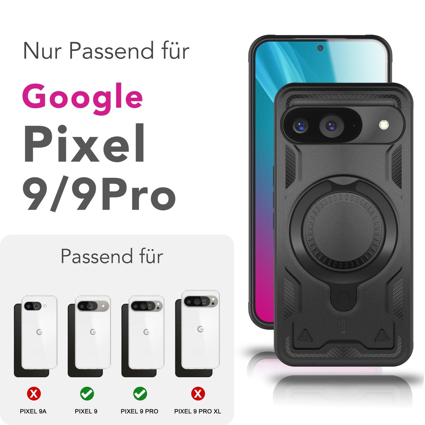 NALIA Stormguard Hülle für Google Pixel 9 – Handyhülle für MagSafe, Stoßfestes Hardcase mit 360° Ringhalter, Aufprallschutz Cover, Panzer Schutzhülle im Militär Stil