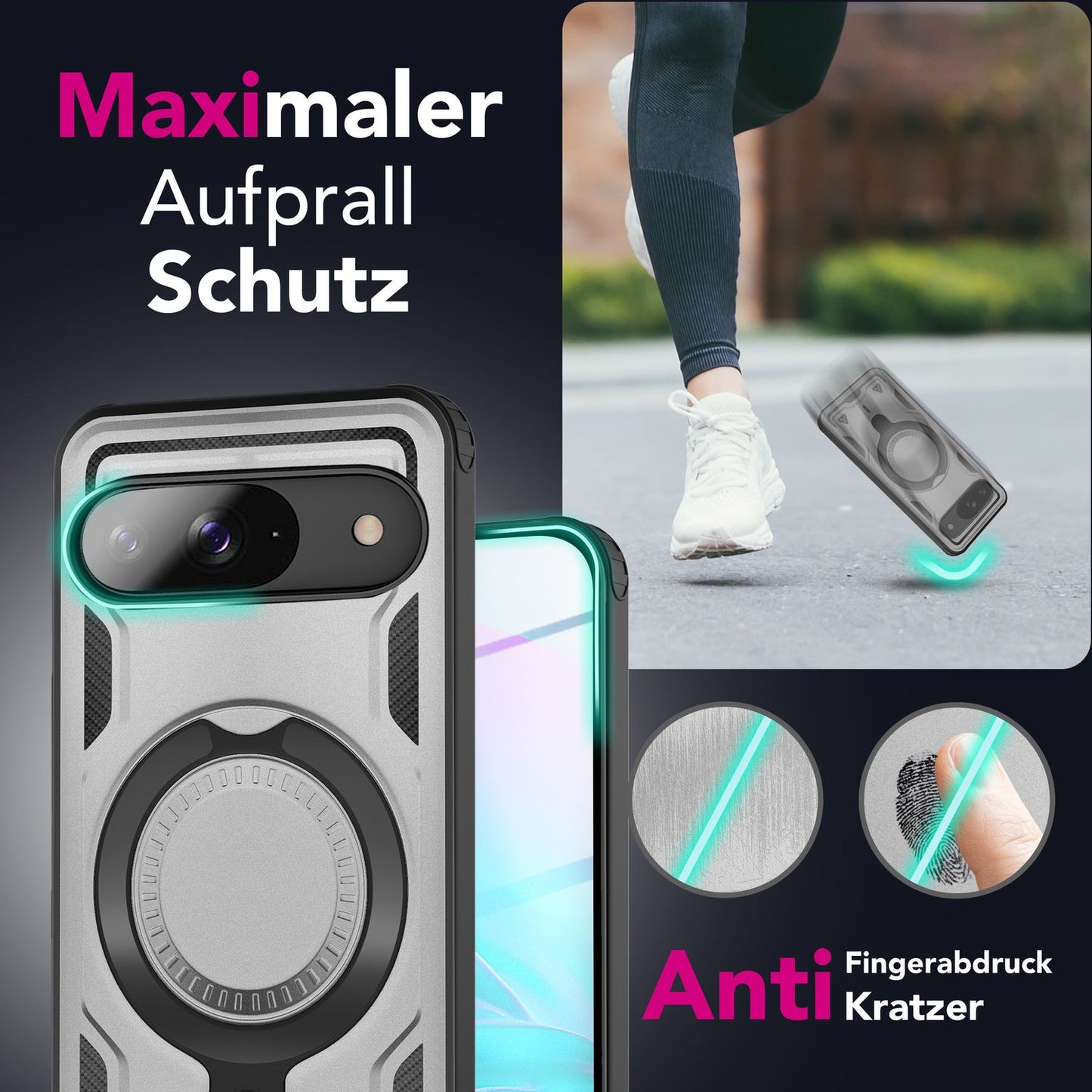 NALIA Stormguard Hülle für Google Pixel 9 – Handyhülle für MagSafe, Stoßfestes Hardcase mit 360° Ringhalter, Aufprallschutz Cover, Panzer Schutzhülle im Militär Stil