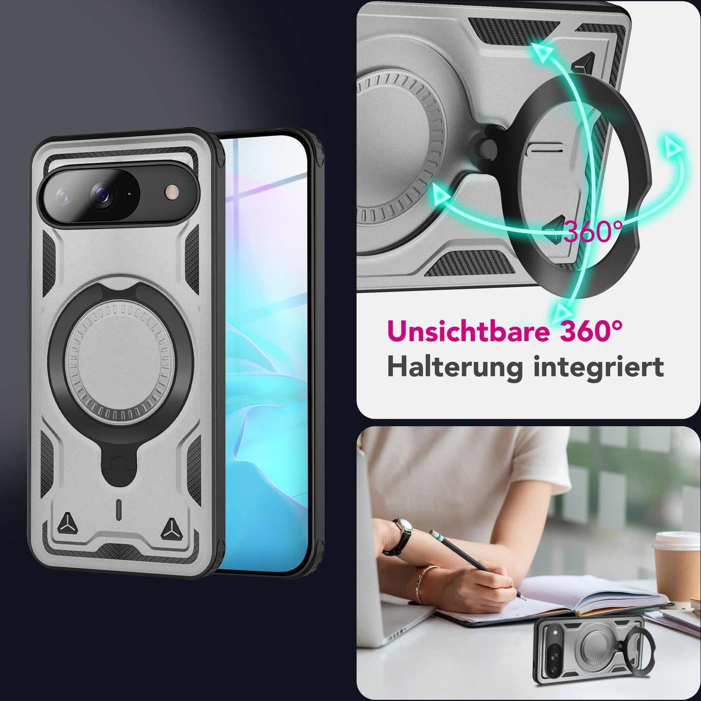 NALIA Stormguard Hülle für Google Pixel 9 – Handyhülle für MagSafe, Stoßfestes Hardcase mit 360° Ringhalter, Aufprallschutz Cover, Panzer Schutzhülle im Militär Stil