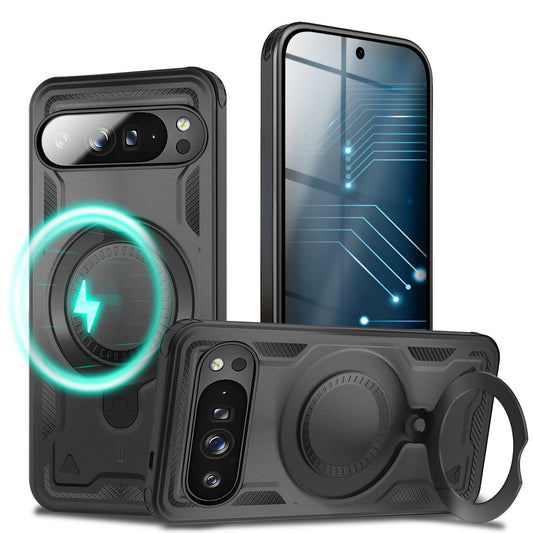 NALIA Stormguard Hülle für Google Pixel 9 Pro XL – Handyhülle für MagSafe, Schlagfeste Schutzhülle mit 360° Ring Ständer, Griffiges Outdoor Cover, Panzer Hardcase