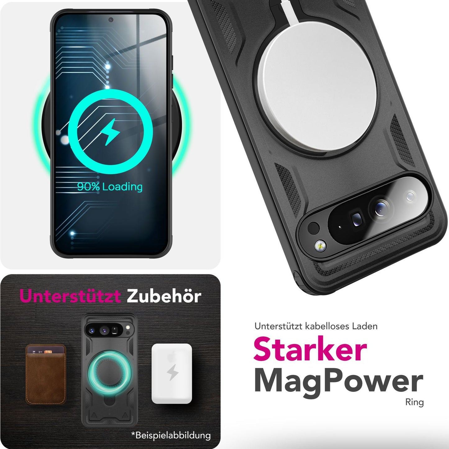 NALIA Stormguard Hülle für Google Pixel 9 Pro XL – Handyhülle für MagSafe, Schlagfeste Schutzhülle mit 360° Ring Ständer, Griffiges Outdoor Cover, Panzer Hardcase