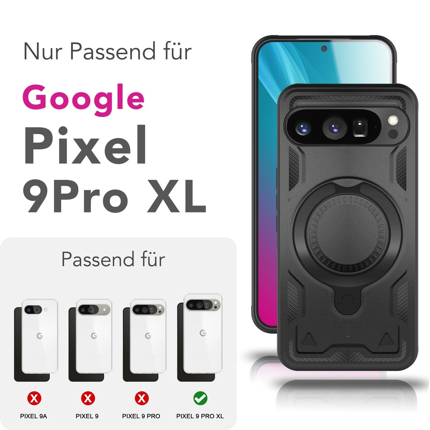 NALIA Stormguard Hülle für Google Pixel 9 Pro XL – Handyhülle für MagSafe, Schlagfeste Schutzhülle mit 360° Ring Ständer, Griffiges Outdoor Cover, Panzer Hardcase