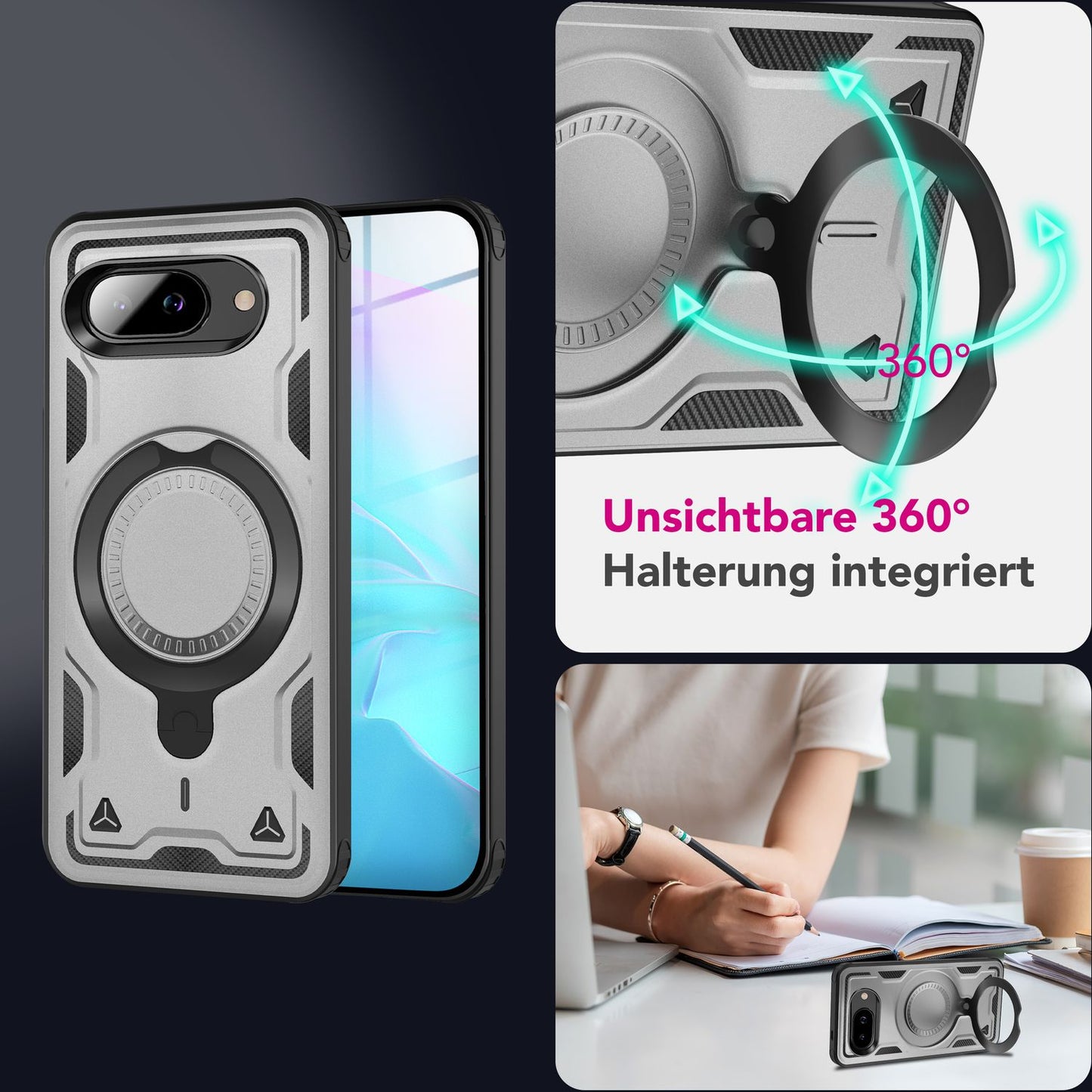 NALIA Stormguard Hülle für Google Pixel 9a – Handyhülle für MagSafe, Panzerschutz mit 360° Ring für Stand & Finger-Halter, Stoßfestes Cover für Outdoor, Military Case