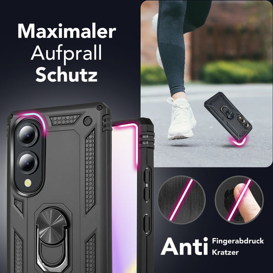 NALIA RingDefend Hülle für Samsung Galaxy S25 Edge – Schwarze Military Style Ringhülle, Stoßfester Fallschutz, 360° Finger-Halter & Ständer, Ultra Robust & Widerstandsfähig