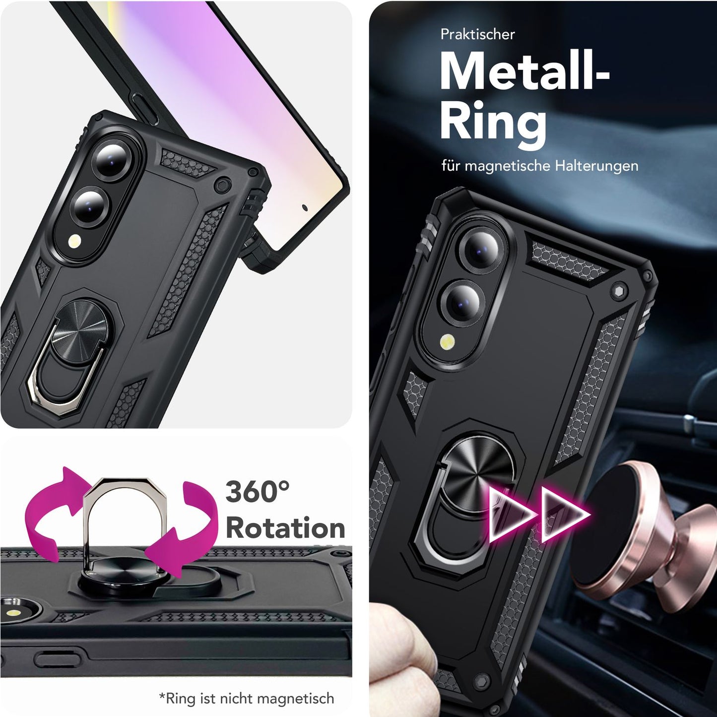 NALIA RingDefend Hülle für Samsung Galaxy S25 Edge – Schwarze Military Style Ringhülle, Stoßfester Fallschutz, 360° Finger-Halter & Ständer, Ultra Robust & Widerstandsfähig
