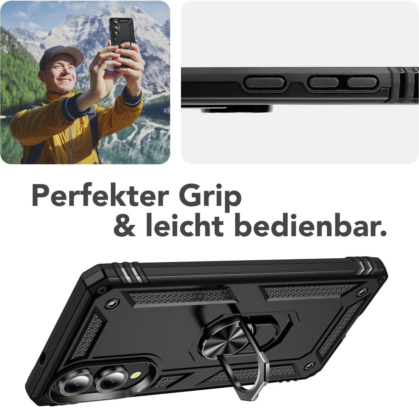 NALIA RingDefend Hülle für Samsung Galaxy S25 Edge – Schwarze Military Style Ringhülle, Stoßfester Fallschutz, 360° Finger-Halter & Ständer, Ultra Robust & Widerstandsfähig