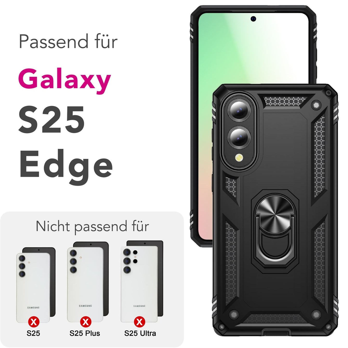 NALIA RingDefend Hülle für Samsung Galaxy S25 Edge – Schwarze Military Style Ringhülle, Stoßfester Fallschutz, 360° Finger-Halter & Ständer, Ultra Robust & Widerstandsfähig