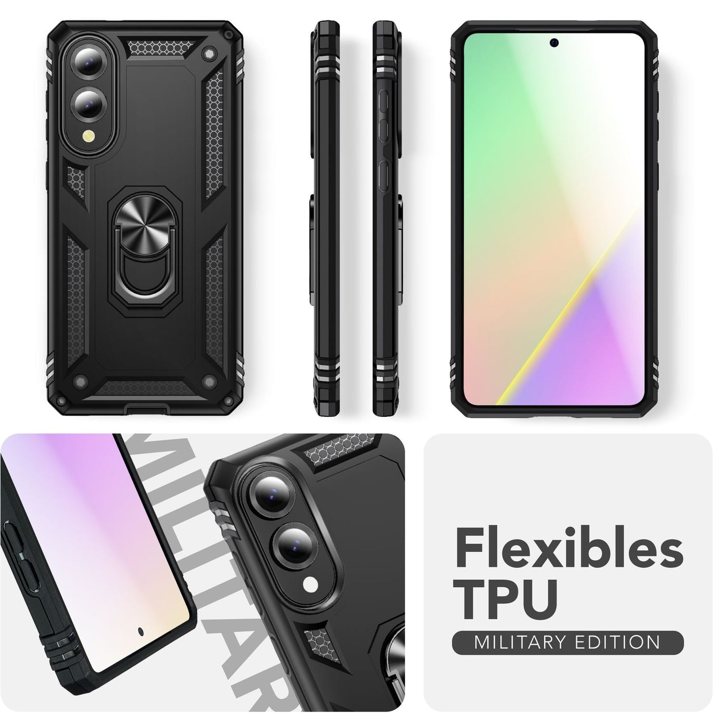 NALIA RingDefend Hülle für Samsung Galaxy S25 Edge – Schwarze Military Style Ringhülle, Stoßfester Fallschutz, 360° Finger-Halter & Ständer, Ultra Robust & Widerstandsfähig
